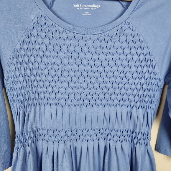 Soft Surroundings Blue Sylvie Smocked 3/4 Sleeve Knee Length Dress Sz S - Picture 3 of 8